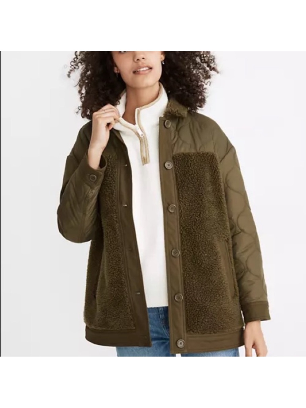Madewell Olive Green Quilted Sherpa Button Jacket- S